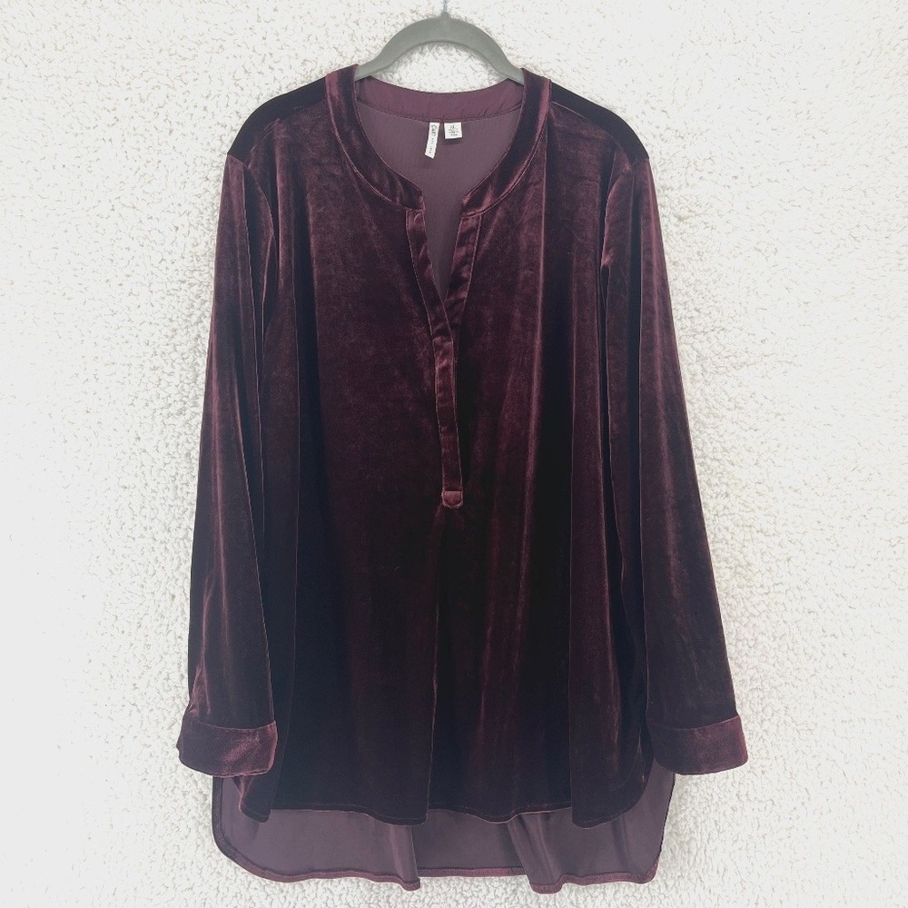 Cato Womens XL Burgundy Velvet Blouse Long Sleeve Popover Henley Top Chiffon Hem